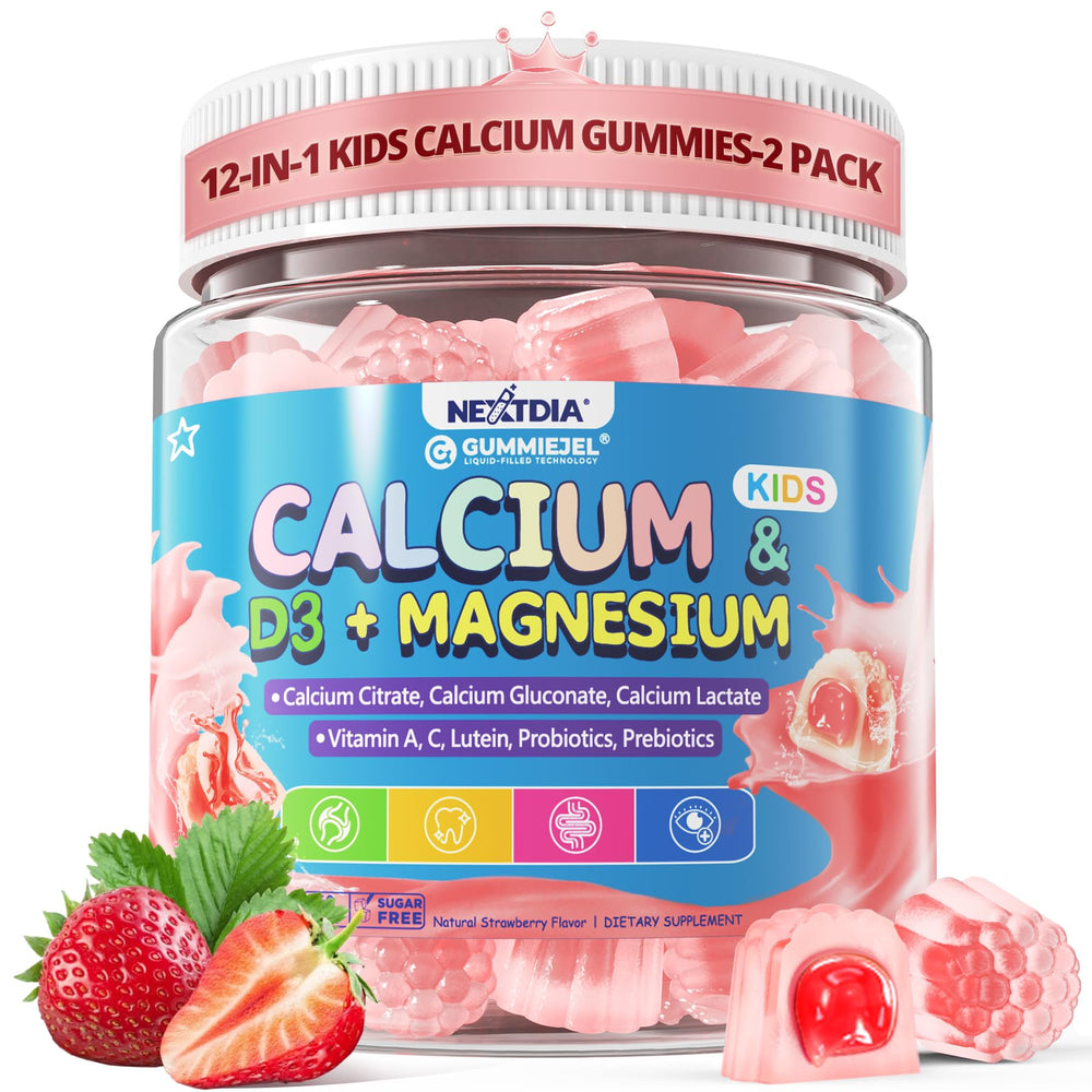 Front view of Kids Calcium Gummies bottle with D3 & Magnesium, 120 count