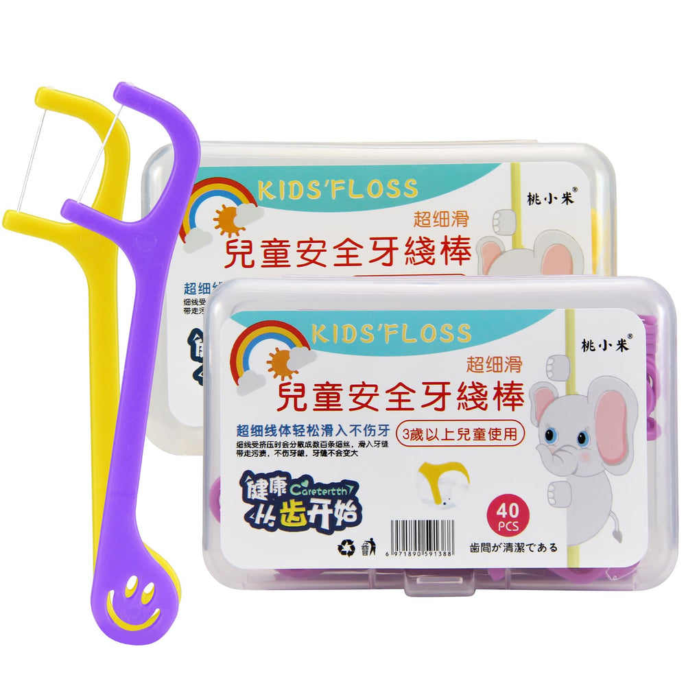 Child using flossers with smiley face handle