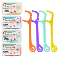 Front view of kids dental flossers with smiley face handle