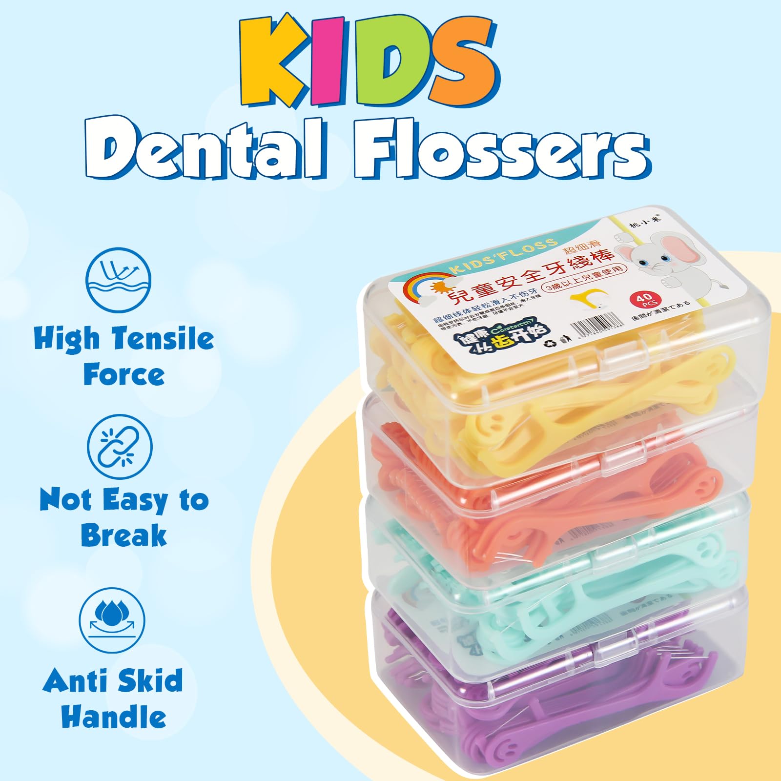 Side view of smiley-face handle dental flossers