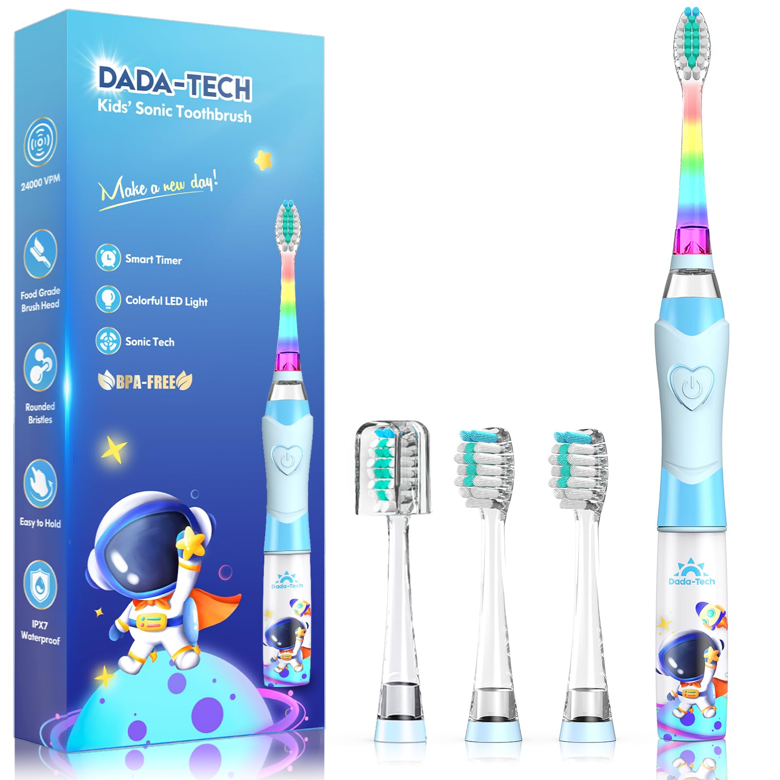Dada-Tech Kids Electric Toothbrush Astronauts Blue with rainbow LED light on the handle