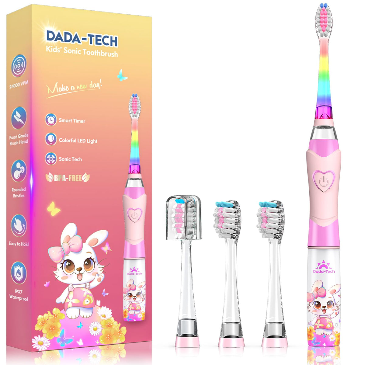 Kids electric toothbrush Rabbit Pink with rainbow LED lights