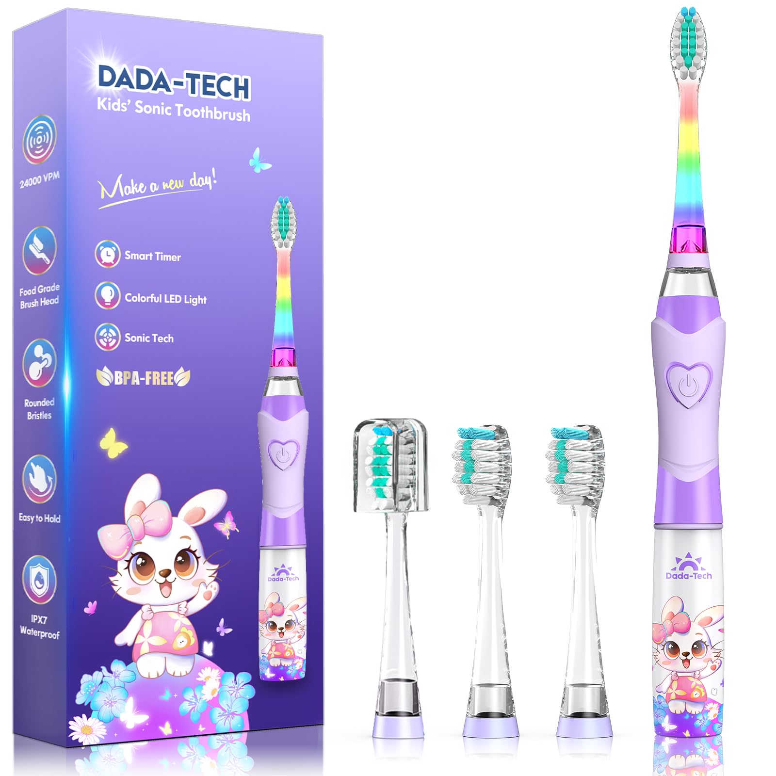 Kids electric toothbrush with timer and rainbow LED lights in rabbit purple design