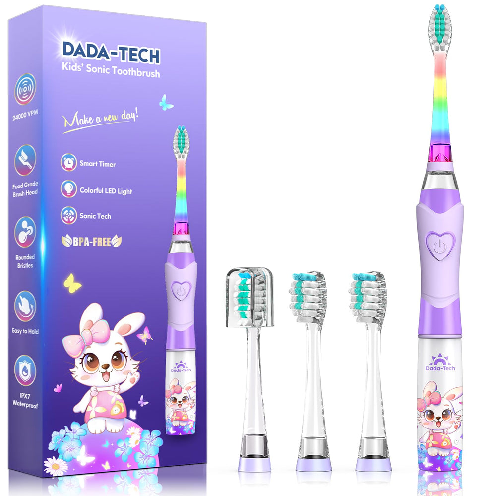Kids electric toothbrush with timer and rainbow LED lights in rabbit purple design