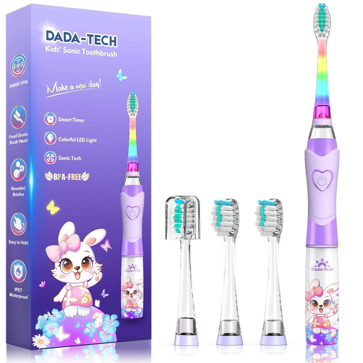 Kids electric toothbrush with timer and rainbow LED lights in rabbit purple design