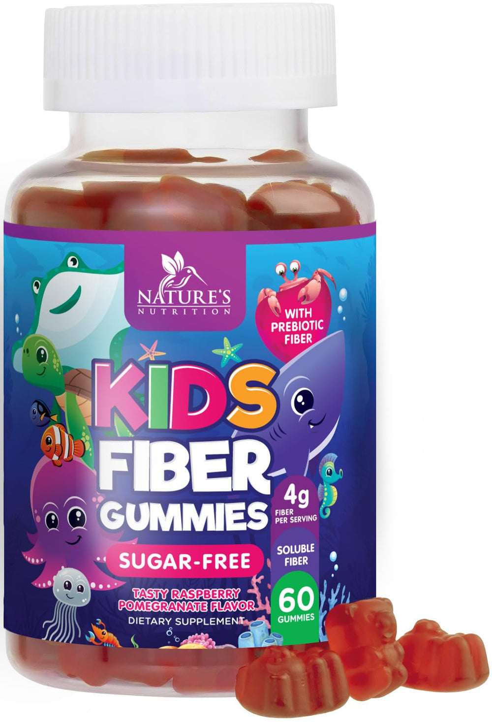 Bottle of Kids Fiber Gummies with Raspberry flavor label