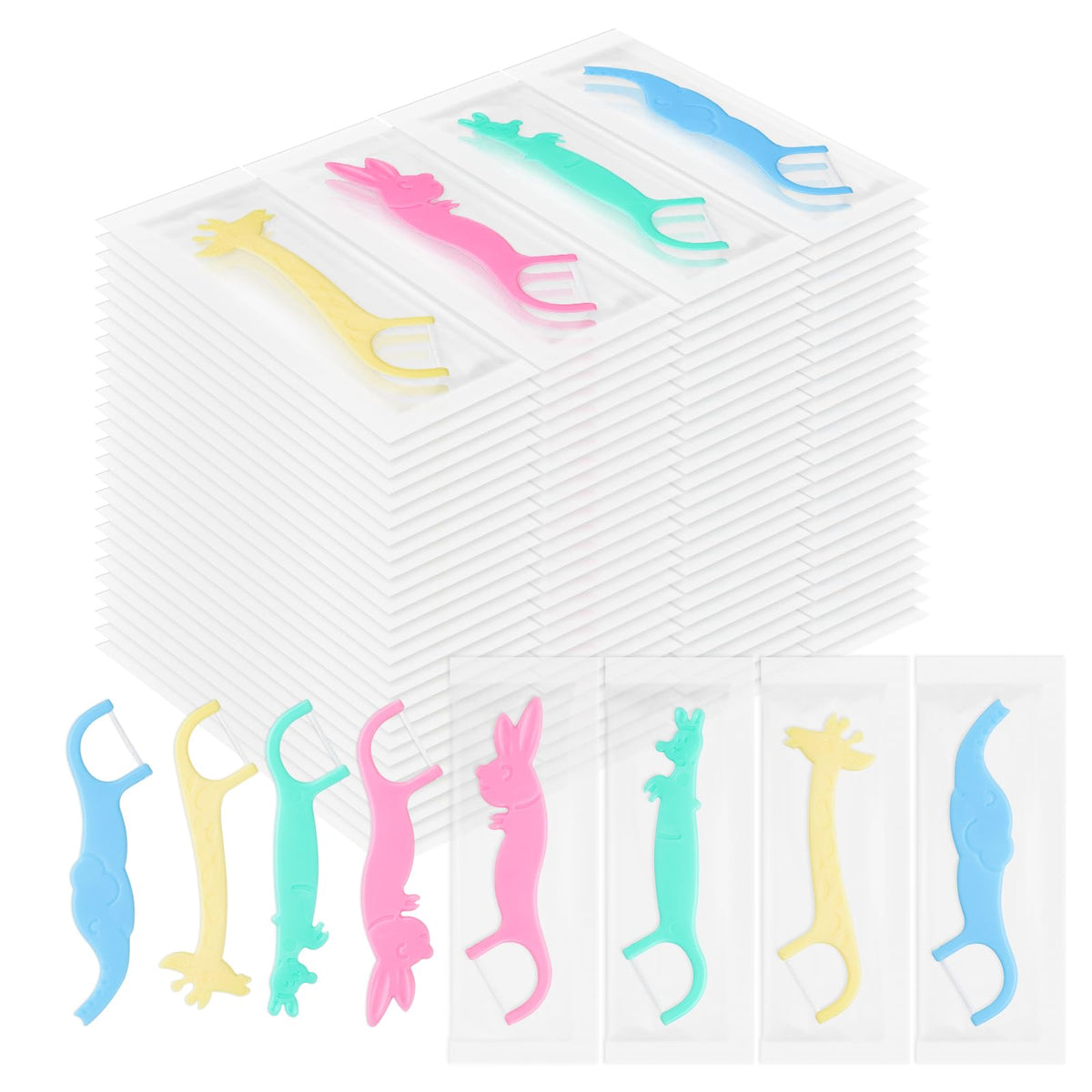 Kids dental floss picks with four animal shapes and colors