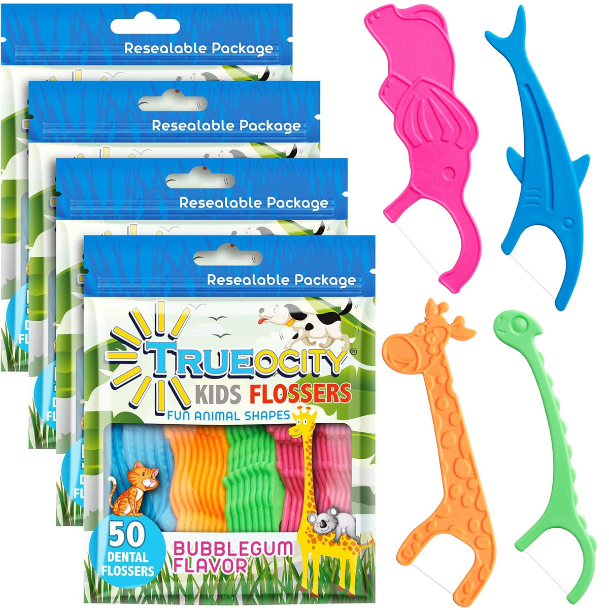 Giraffe-shaped kids floss picks from the 4-pack