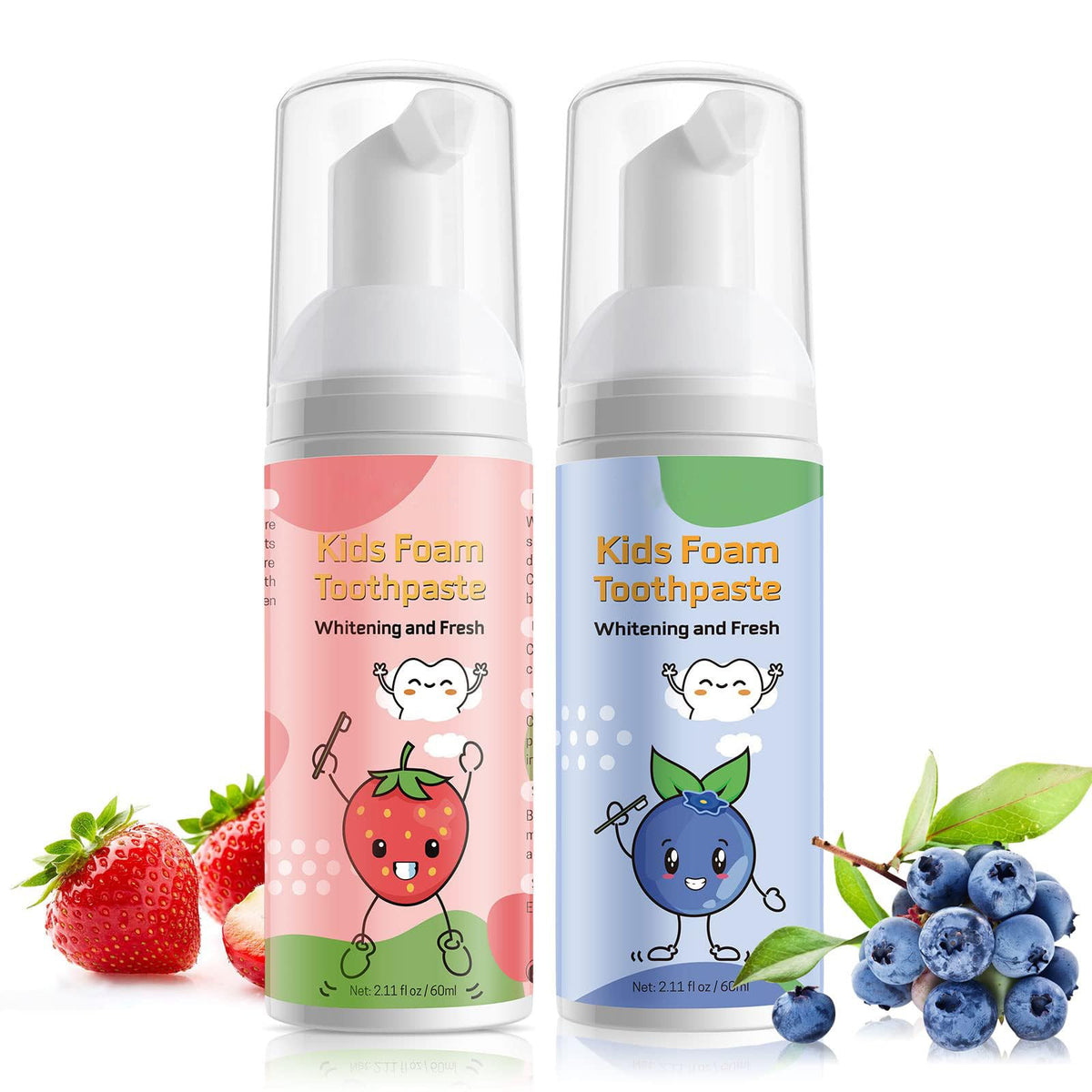 Two 60 ml tubes of kids foam toothpaste in a 2-pack with blueberry, strawberry, watermelon, and orange flavors