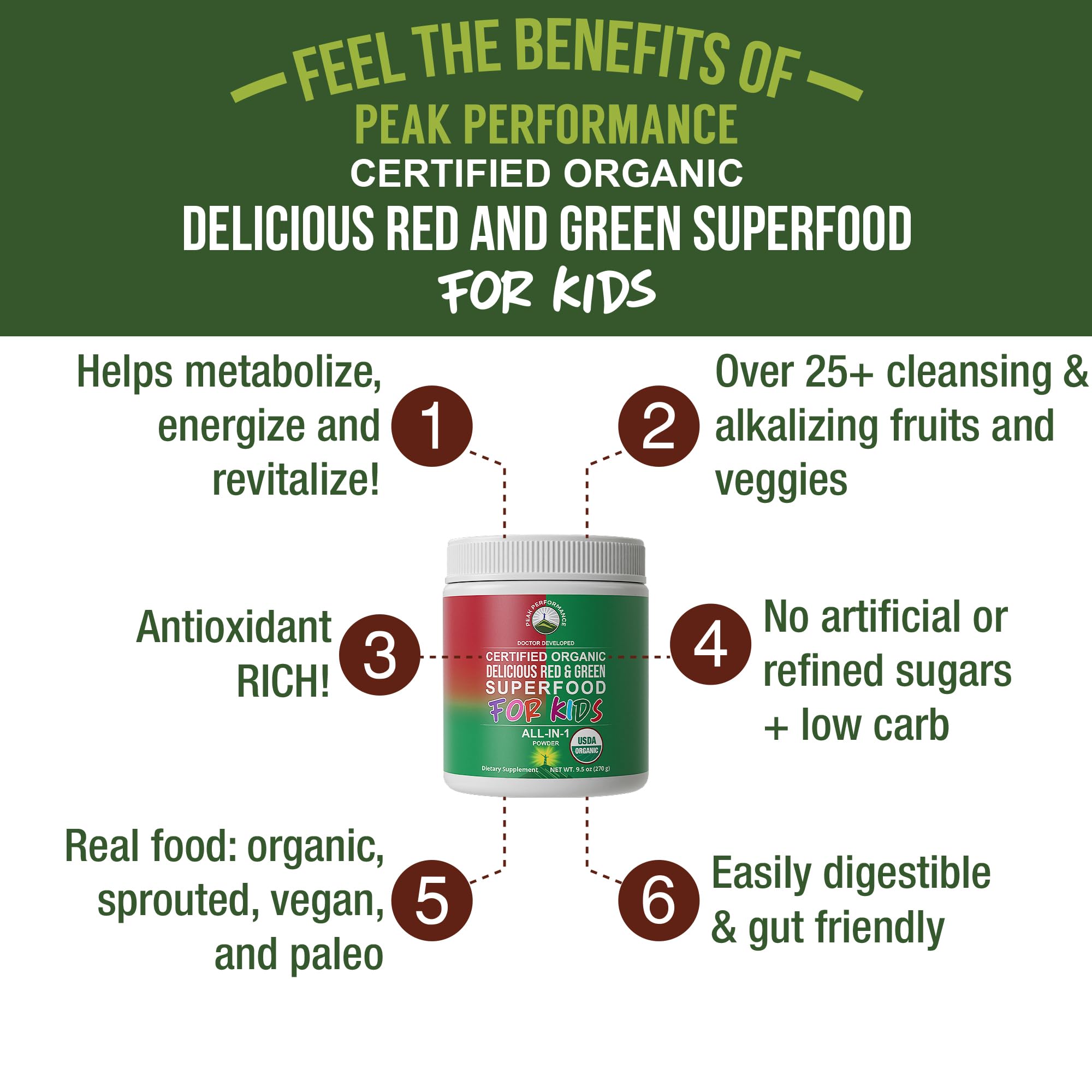 Label showing organic vegan ingredients on Kids Greens and Reds