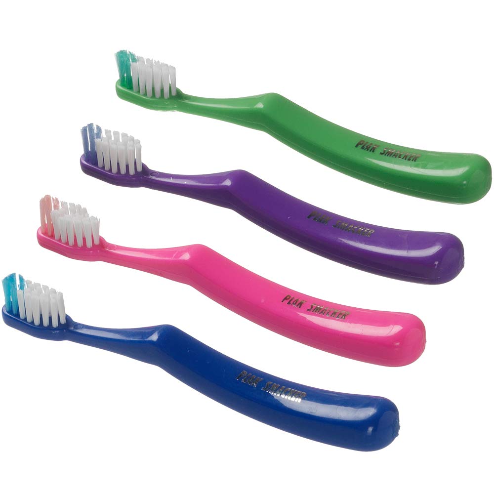 Kids Lil' Grip Toothbrush with small handle and soft bristles; colors blue, pink, purple, and green (one of each).