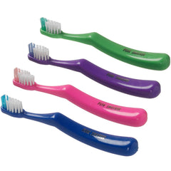 Kids Lil' Grip Toothbrush with small handle and soft bristles; colors blue, pink, purple, and green (one of each).