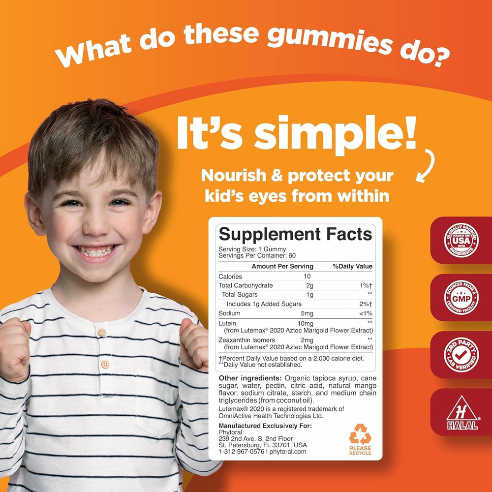 Close-up of mango-flavored gummy in kid-friendly packaging