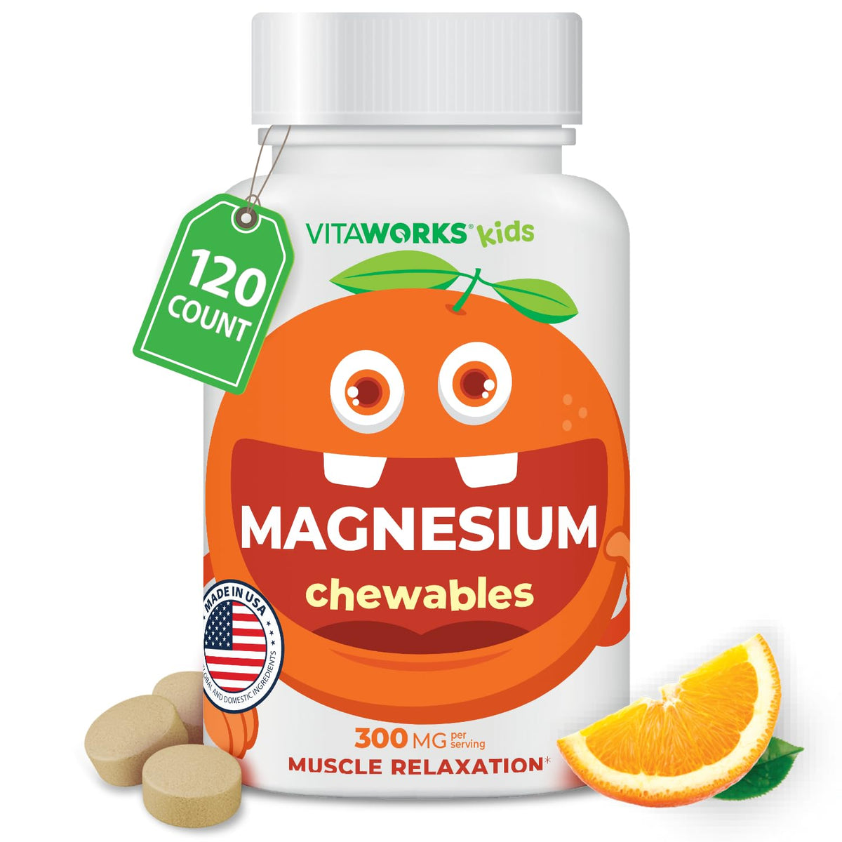 Front view of Vitaworks Kids Magnesium Chewables bottle with orange flavor