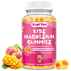 Front packaging of Kids Magnesium Gummies Peach & Mango 60count