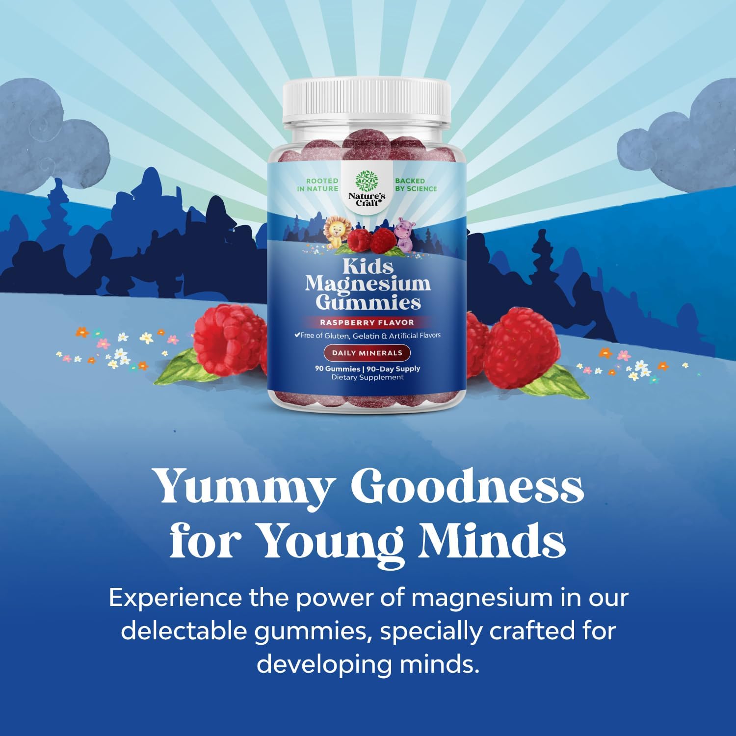 Raspberry-flavored magnesium gummies bottle with packaging graphic