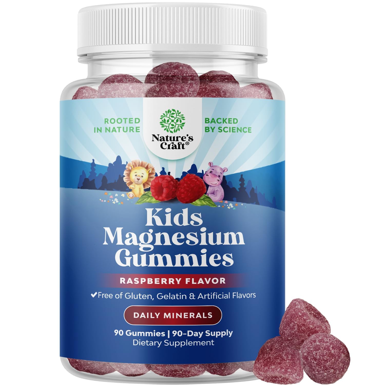 Front view of kids raspberry magnesium gummies bottle with 90 count label