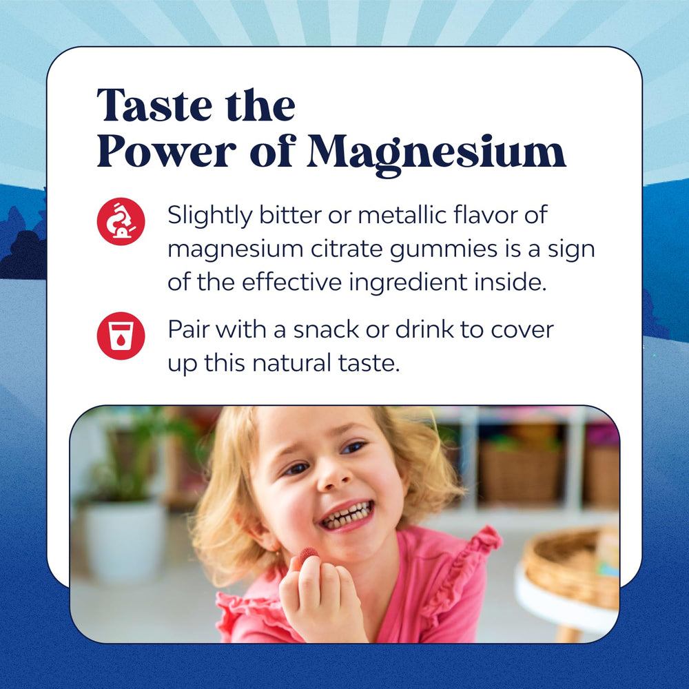 Nutrition facts label for kids magnesium gummies raspberry flavor