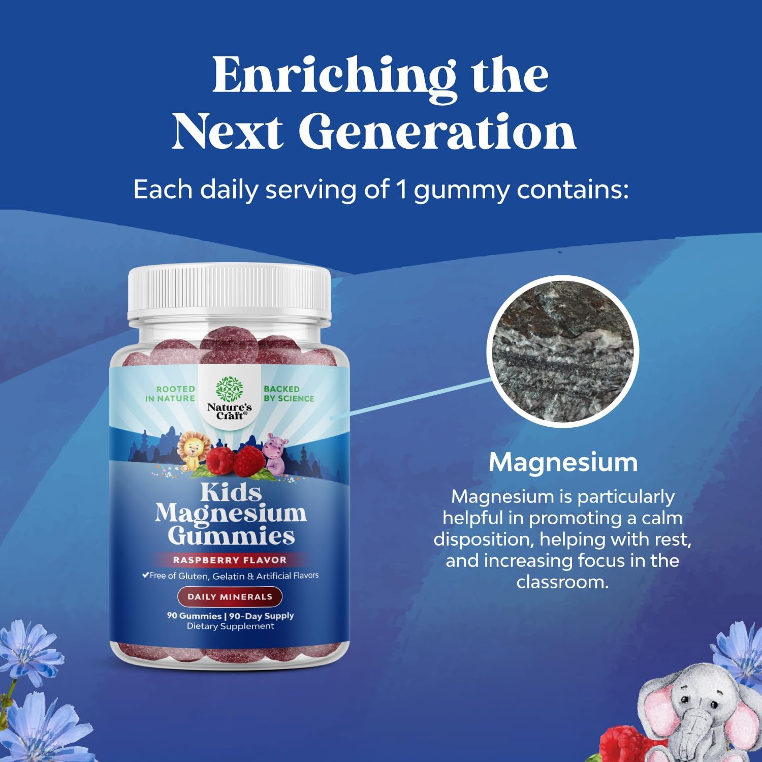 Close-up of packaging for kids magnesium gummies raspberry flavor