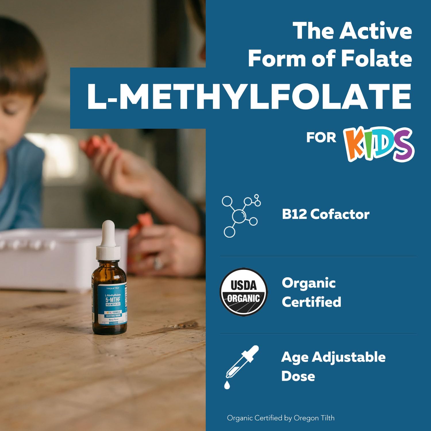 Close-up label showing methylfolate and B12 cofactor for kids supplement
