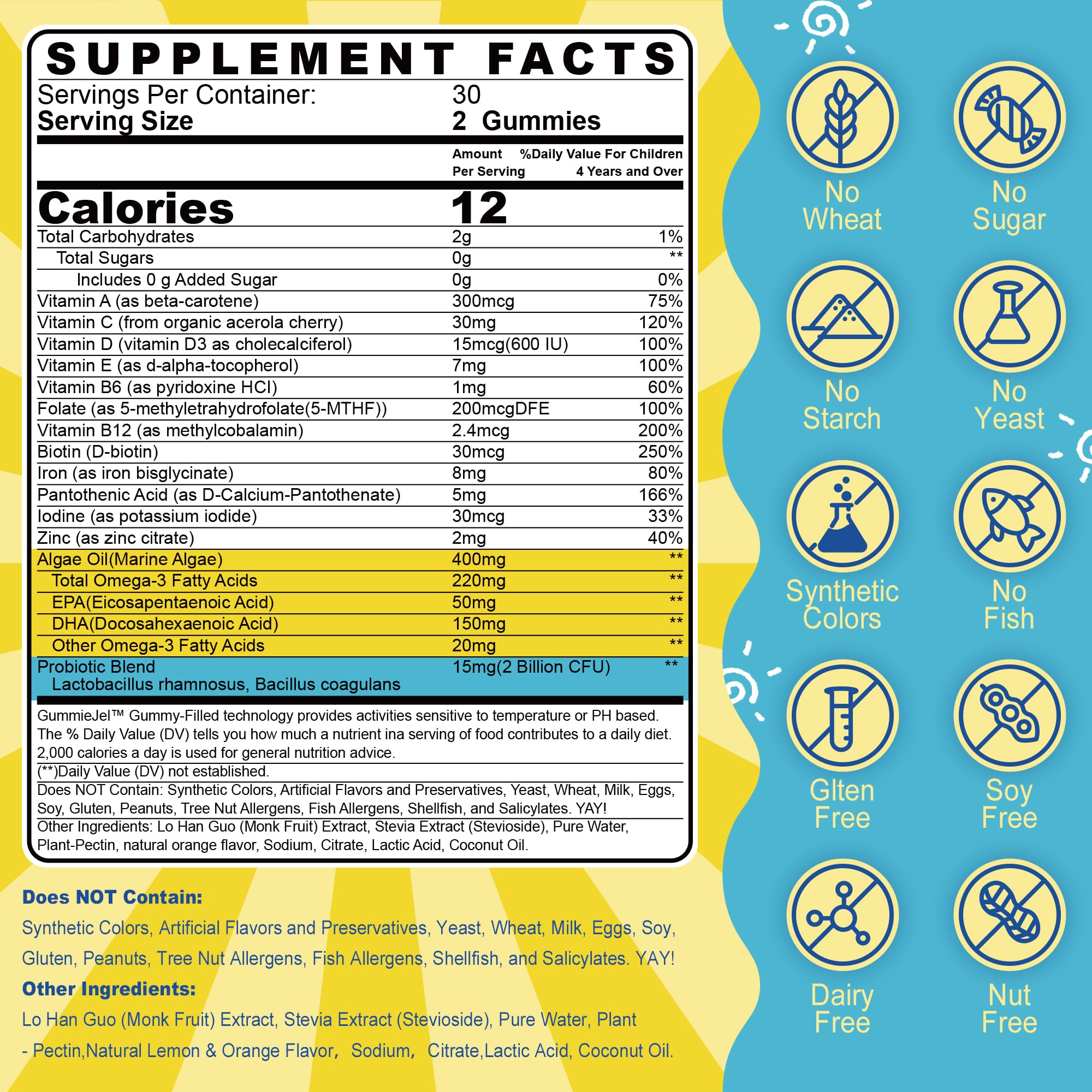 Nutritional ingredients label for kids multivitamin gummies with iron and vitamins.
