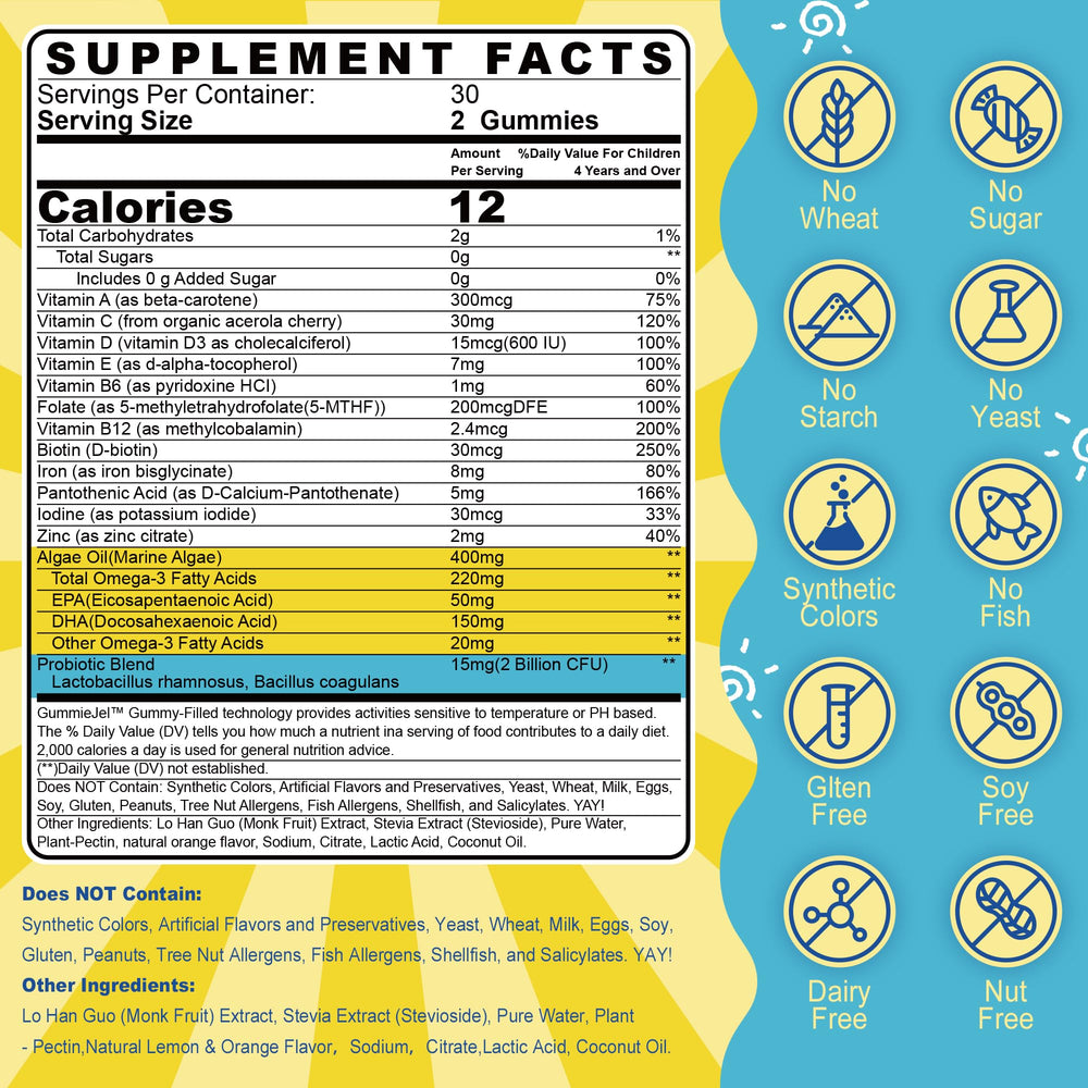 Nutritional ingredients label for kids multivitamin gummies with iron and vitamins.