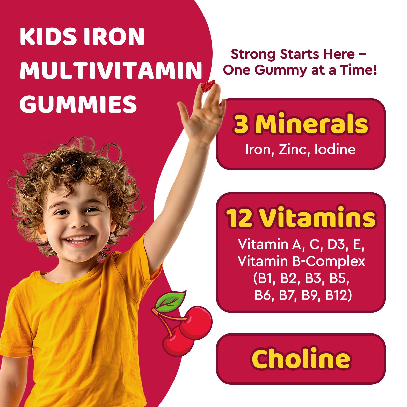 Close-up of ingredients in kids multivitamin with iron gummies