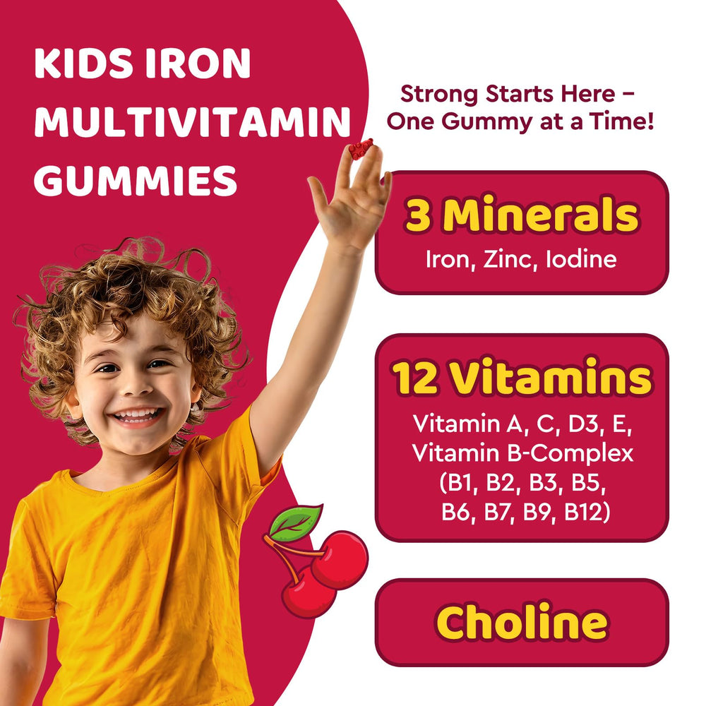 Close-up of ingredients in kids multivitamin with iron gummies