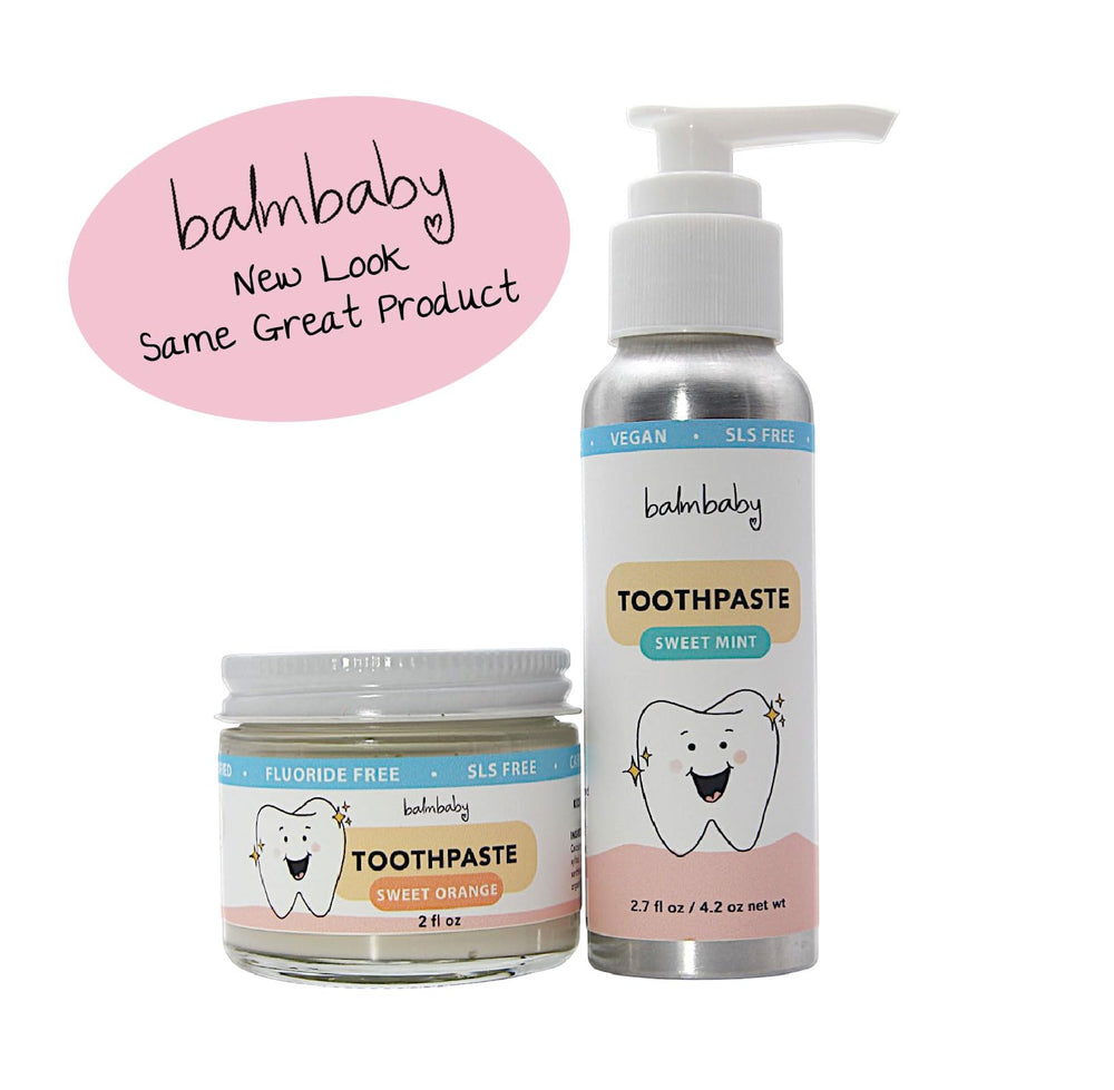 Orange flavor BALM! Baby Kids Natural Fluoride Free Toothpaste in pump bottle - back view showing label