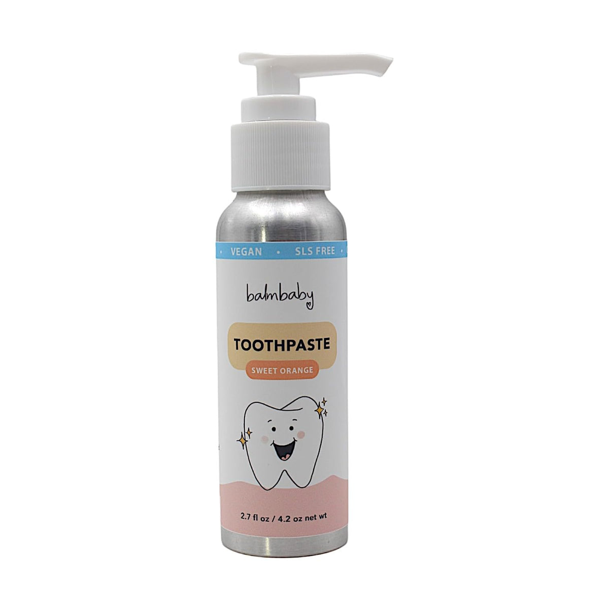 Orange flavor BALM! Baby Kids Natural Fluoride Free Toothpaste in pump bottle - front view