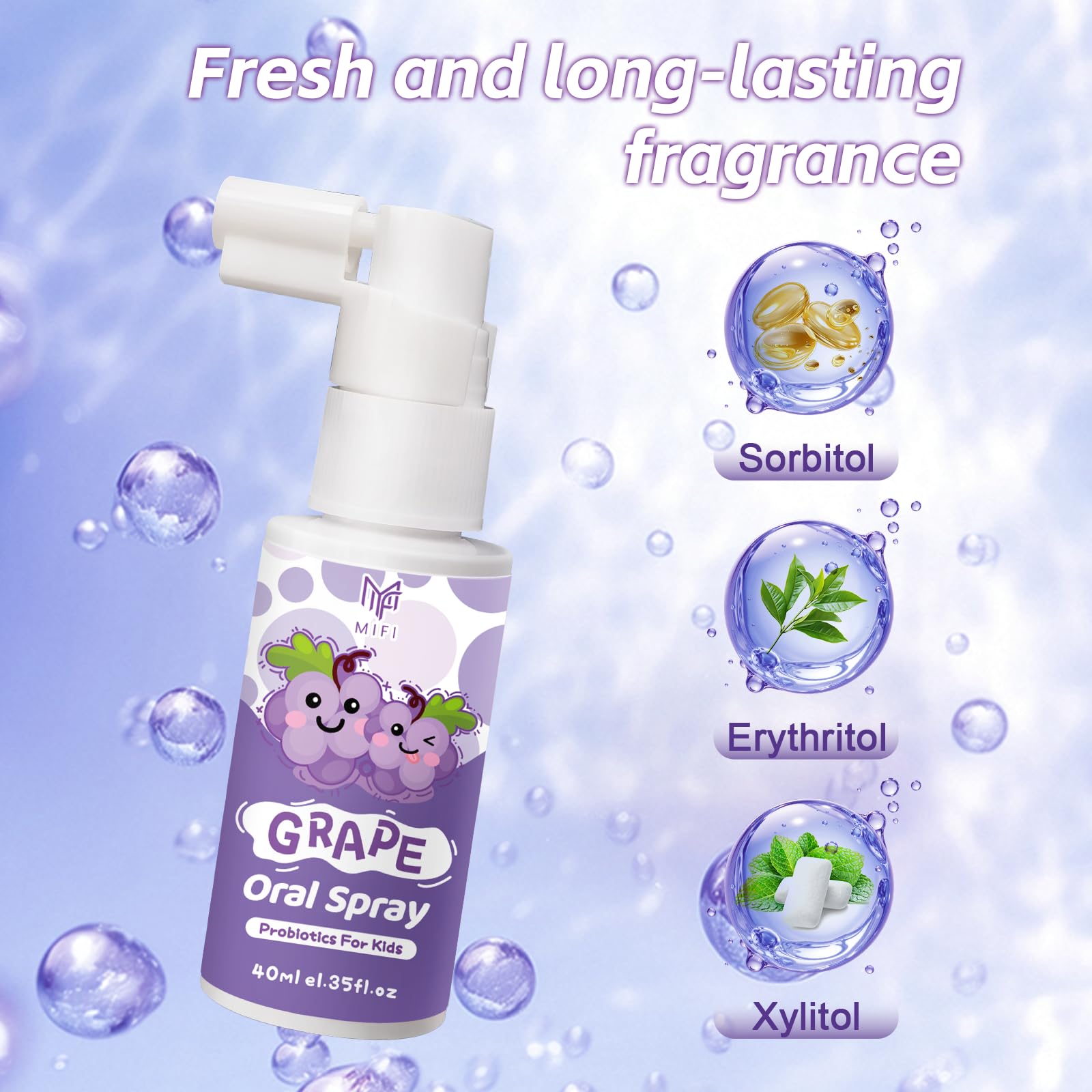 Close up of Kids Oral Spray bottle in 2 pack grape flavor