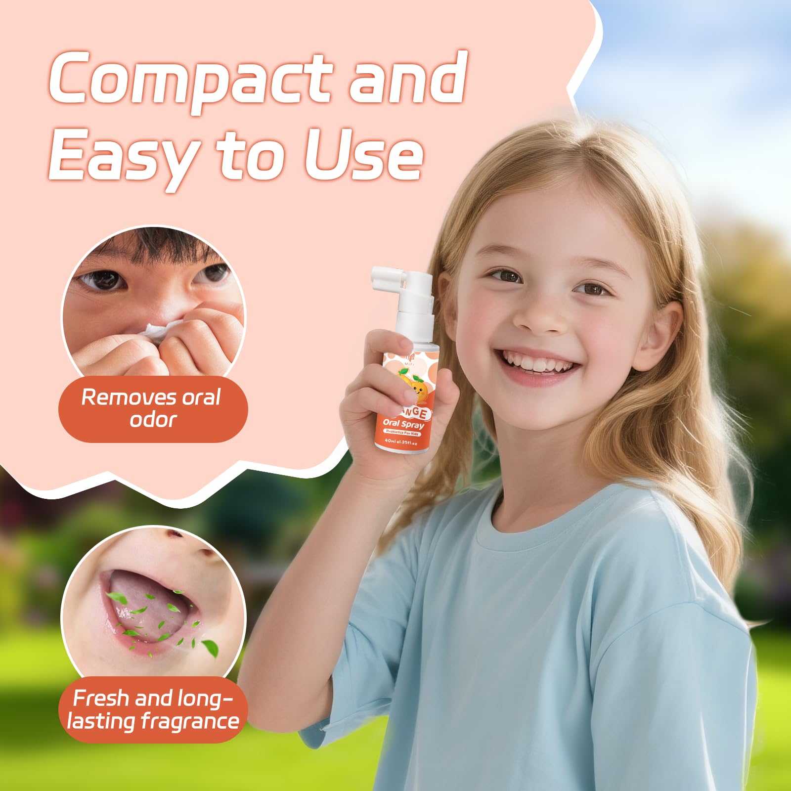 Demonstration of applying Kids Oral Spray to gums and teeth