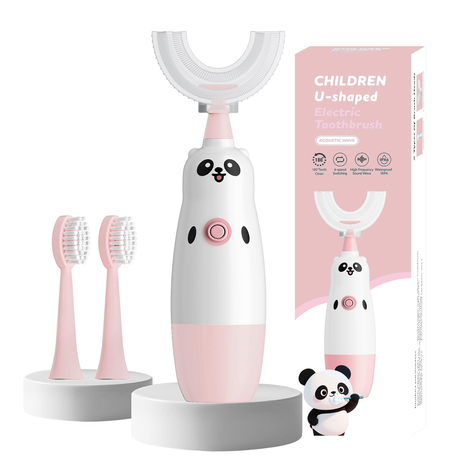 Pink panda-themed kids U-shaped electric toothbrush front view