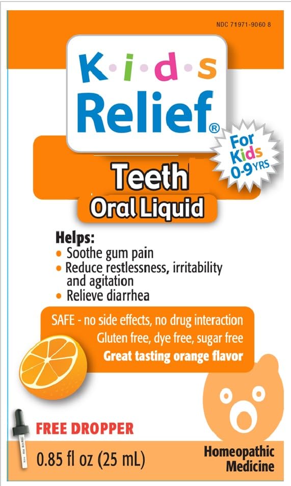 Front view of teething solution bottle with label