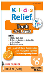 Front view of teething solution bottle with label