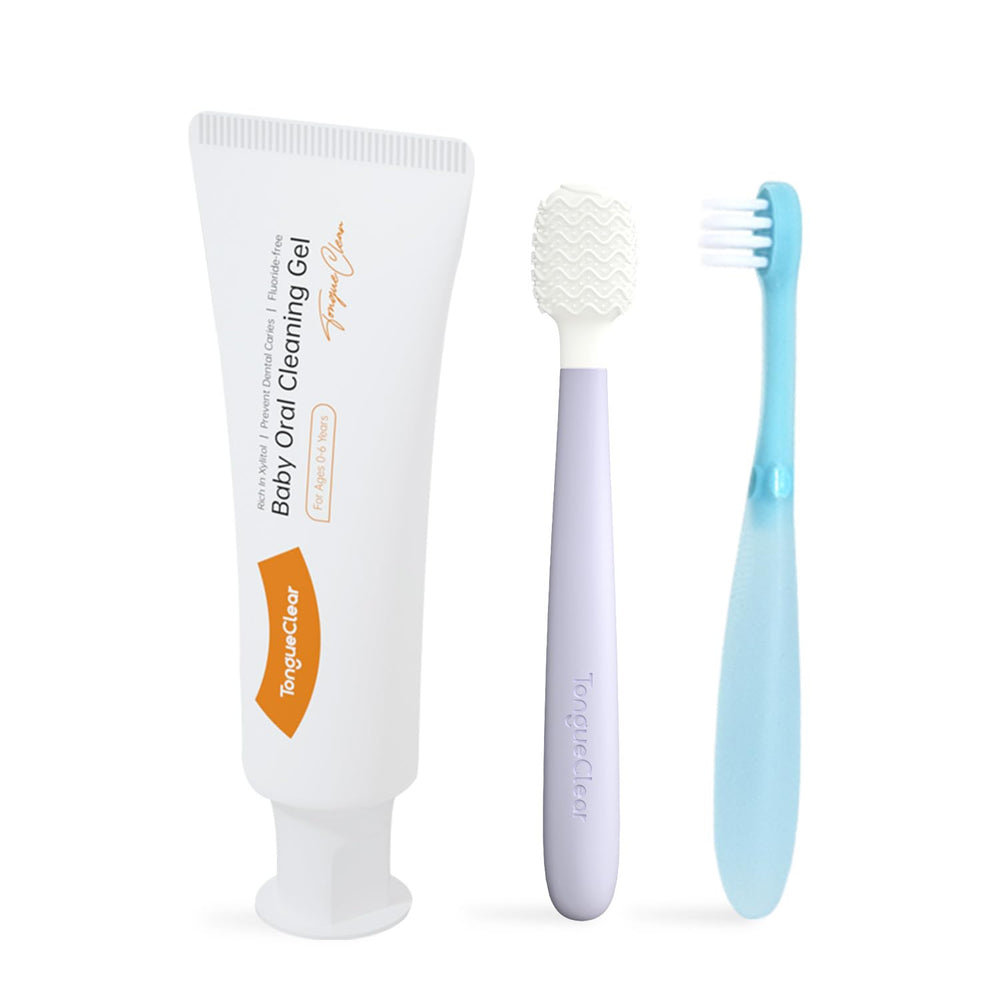 Front view of Kids Tongue Scraper and Training Toothbrush Kit
