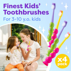 Angled view of four-pack toothbrushes in green and pink
