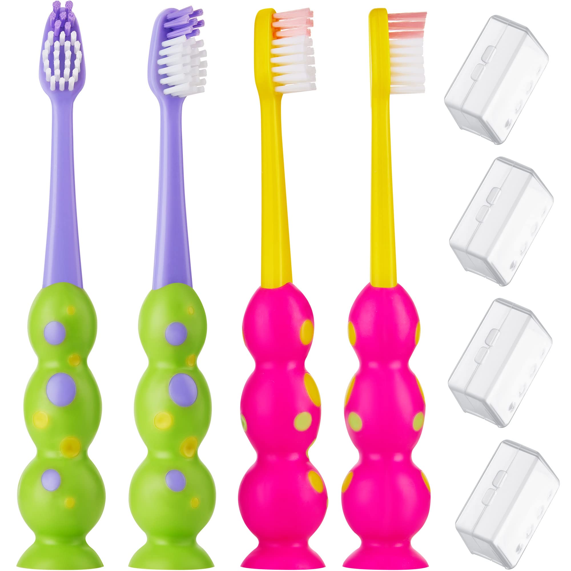 Front view of Kids Toothbrush 4 Pack in green and pink handles