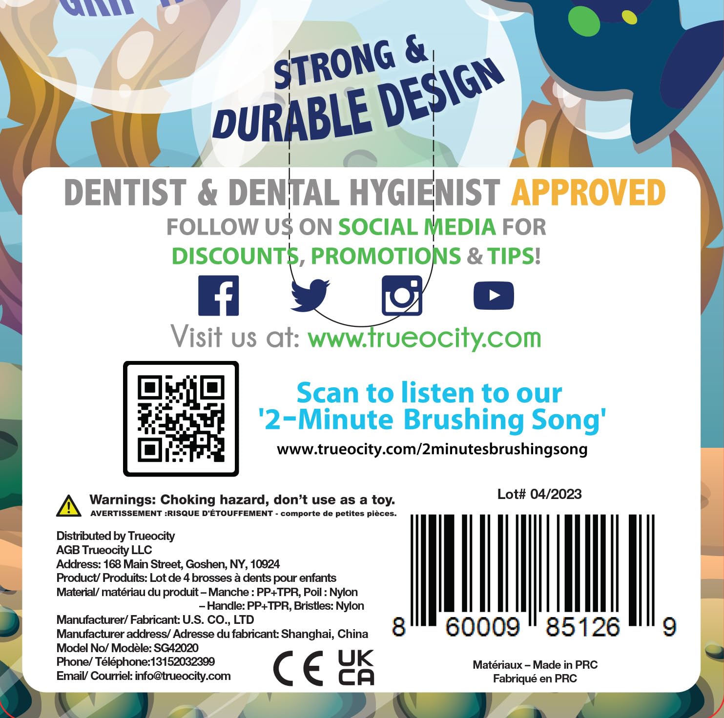 Product packaging showing Kids Toothbrush 4 Pack in green and pink