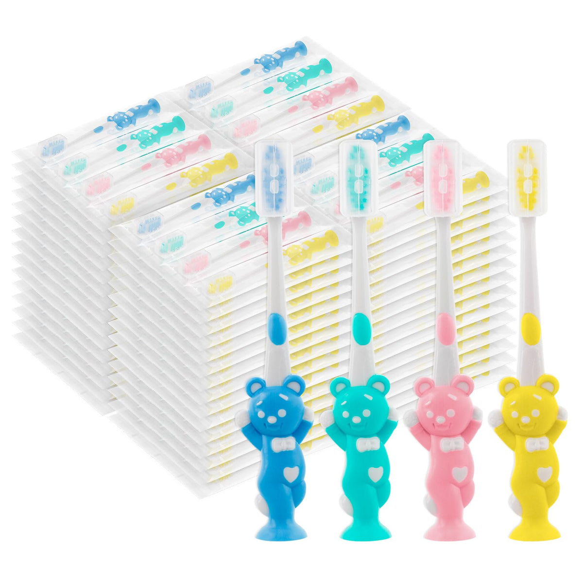 Assorted colors: red, green, yellow and blue kids' toothbrushes bulk pack