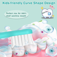 Close-up of soft rounded bristles on kids toothbrush head