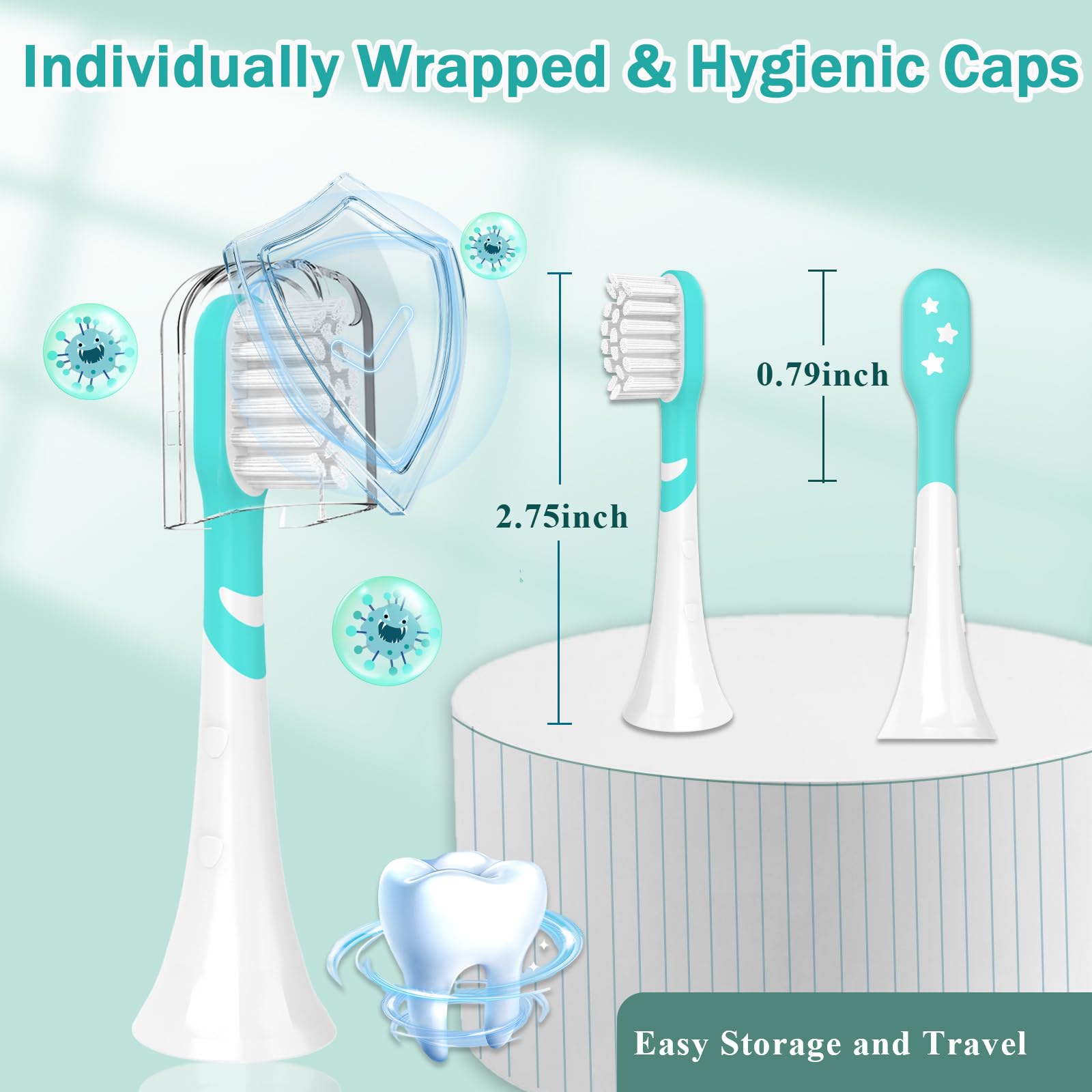 Compact green kid's toothbrush head with cap for travel