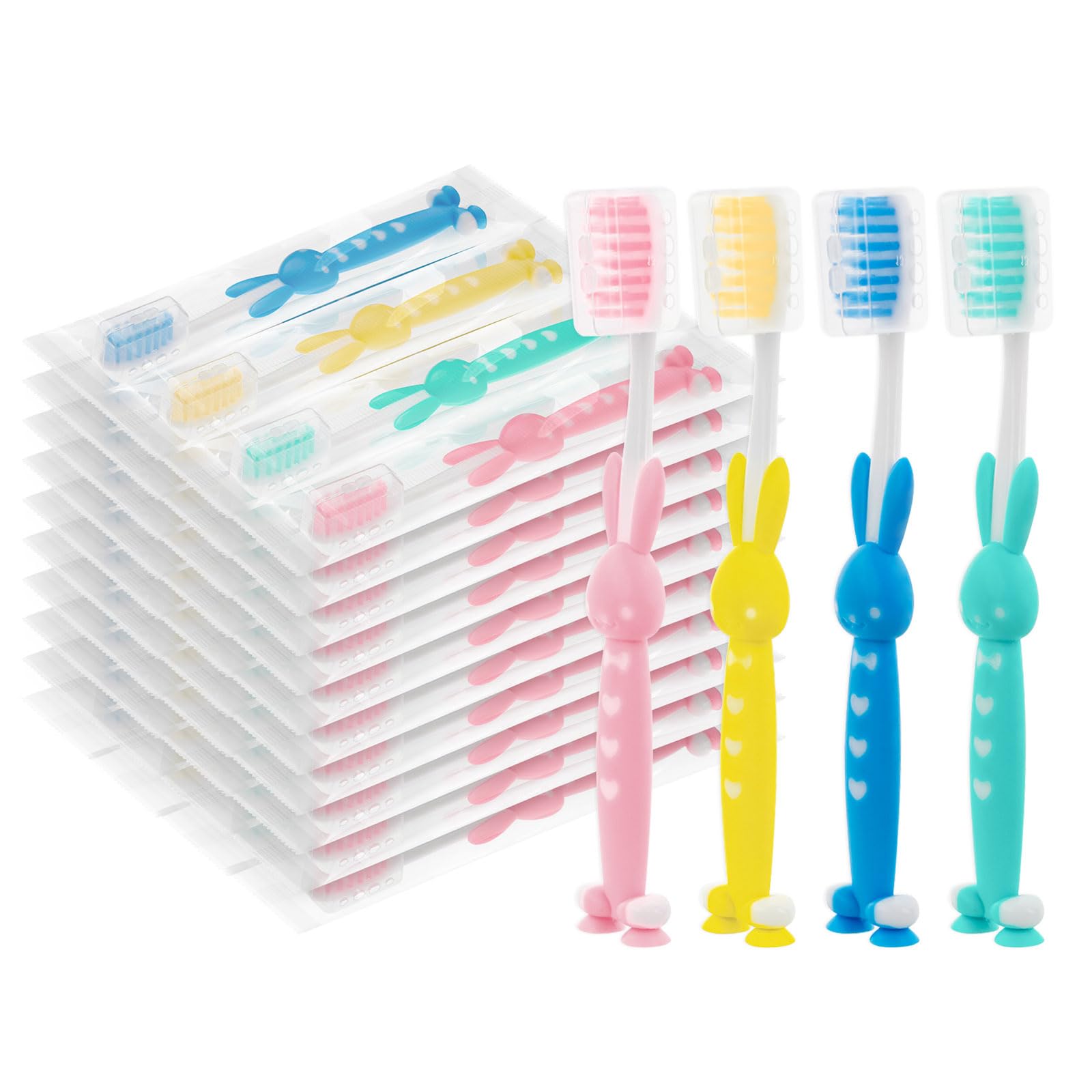 Red, green, yellow, blue kids' toothbrushes with suction cup in bulk