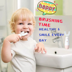 360° cleaning demonstrated by U-shaped design on toddler toothbrush