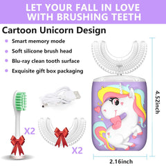 Unicorn-themed U-shaped kids toothbrush with 2 U-shaped and 2 standard heads