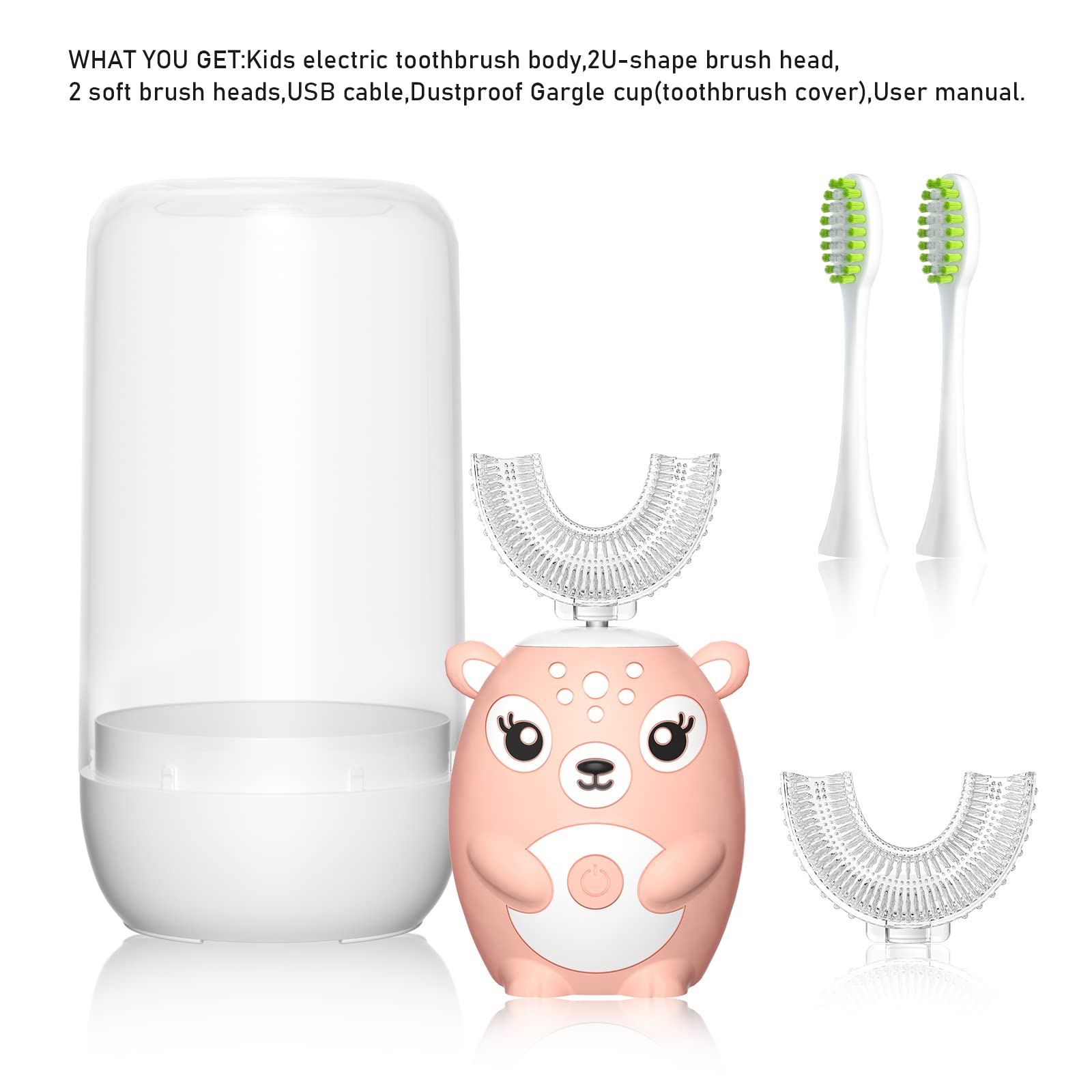 Package contents: toothbrush body, brush heads, USB cable, gargle cup, user manual