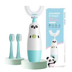 Blue panda-themed kids U-shaped electric toothbrush with 360° cleaning