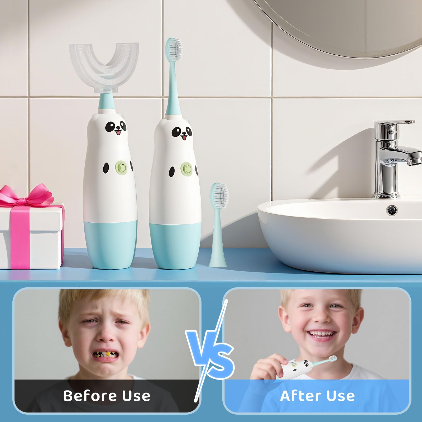U-shaped brush head designed for easy solo brushing in children