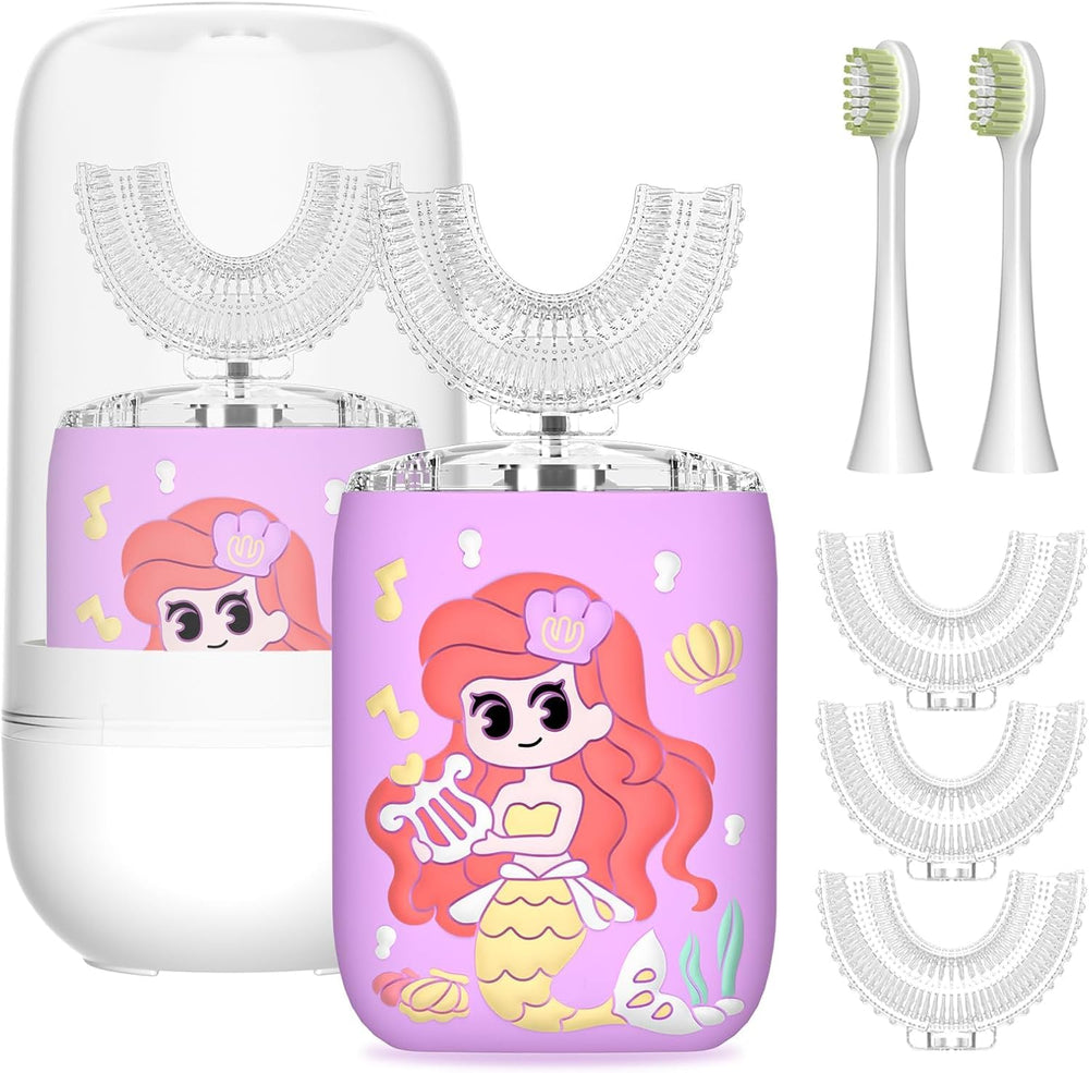Purple kids' U-shaped electric toothbrush for ages 2-6 with mermaid design