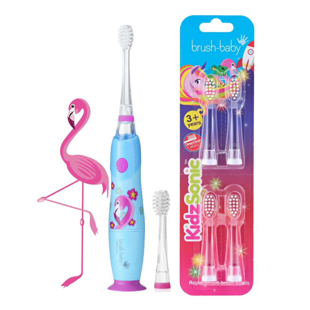 KidzSonic Flamingo toothbrush front view with flashing lights